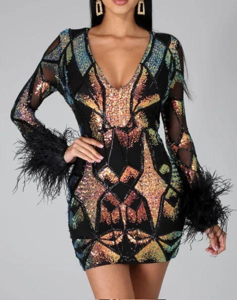 Patchwork Print Skinny Ostrich Feather Sequins Sexy Party Dress Lace Sexy Club