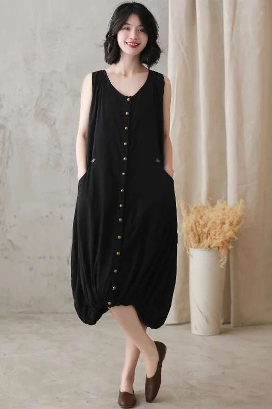 Black Oversized Bubble Linen Dress 2728 Tunics Versatile all-occasion