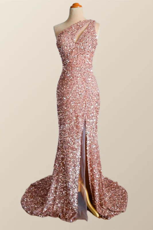 One Shoulder Rose Gold Sequin Mermaid Long Party Dress Tunics Hiking breathable