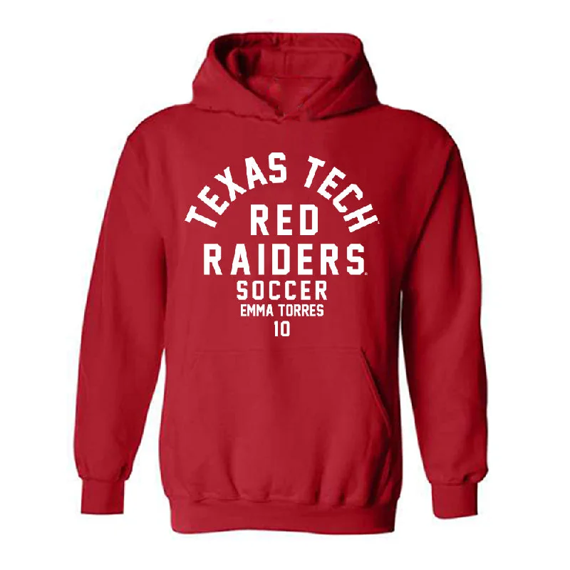 Texas Tech - NCAA Women's Soccer : Emma Torres - Classic Fashion Shersey Hooded Sweatshirt Hoodie with Hem Raw Edge Edgy Unfinished Texas Tech - NCAA Women's Soccer : Emma Torres - Classic Fashion Shersey Hooded Sweatshirt Hoodie with Hem Raw Edge Edgy Unfinished