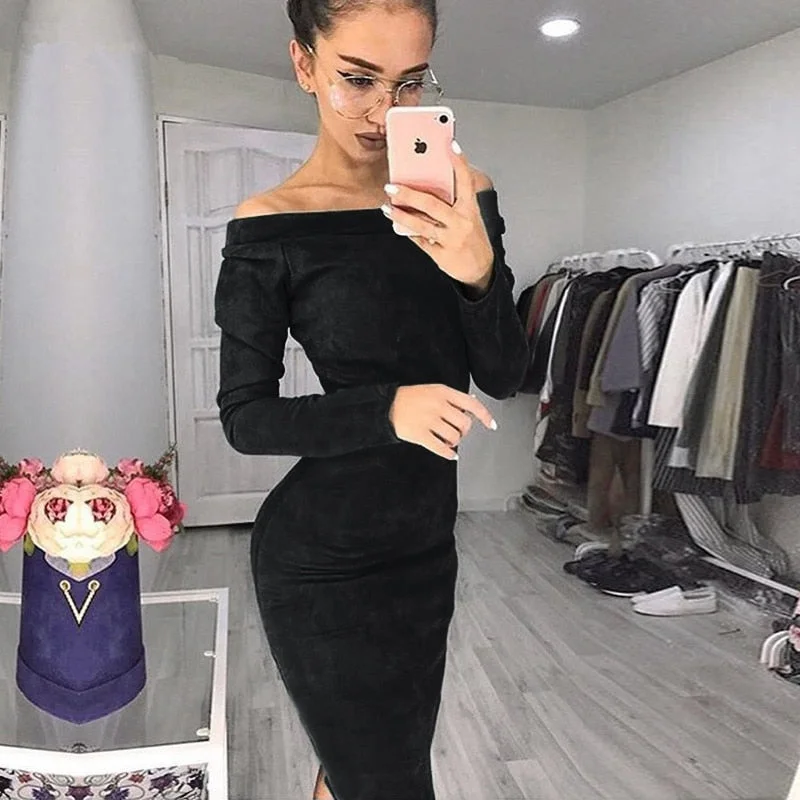 Solid Suede Long Sleeve Off Shoulder Women Mid-calf Dress 2020 Autumn Winter Female Sexy Bodycon New Year Party Dresses Tunics Top Casual Solid Suede Long Sleeve Off Shoulder Women Mid-calf Dress 2020 Autumn Winter Female Sexy Bodycon New Year Party Dresses Tunics Top Casual