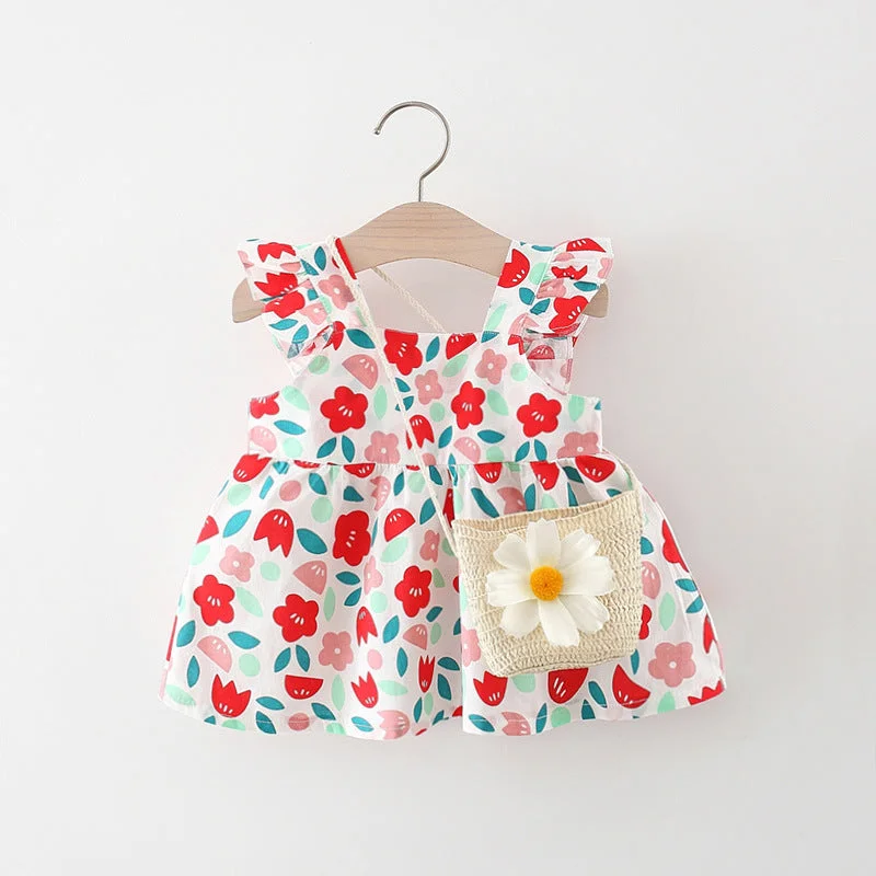 Toddler Dress Flying Sleeve Square Neck Floral Baby Girl Dress Tunics Silk luxurious Toddler Dress Flying Sleeve Square Neck Floral Baby Girl Dress Tunics Silk luxurious