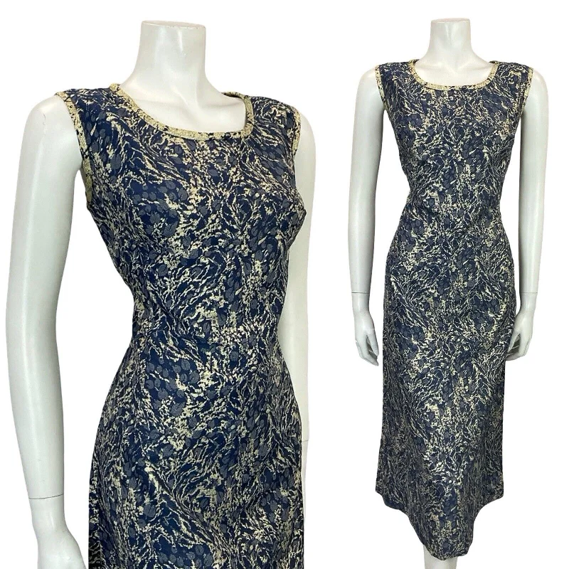 VTG 60S 70S BLUE COOL GOLD SHIMMERING FORM FITTED ABSTRACT PARTY DRESS 12 14 M Lace Sexy Club VTG 60S 70S BLUE COOL GOLD SHIMMERING FORM FITTED ABSTRACT PARTY DRESS 12 14 M Lace Sexy Club