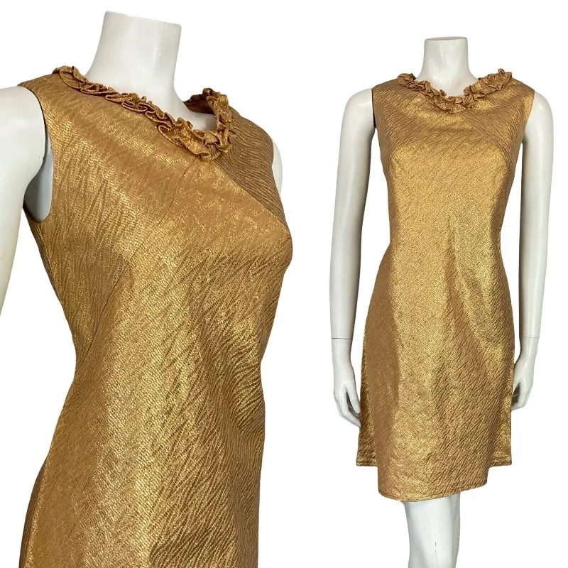 VTG 60S MOD GOLD ZIG ZAG RUFFLE NECK SLEEVELESS MINI SHIFT PARTY DRESS 10 sweetheart Neckline Romantic VTG 60S MOD GOLD ZIG ZAG RUFFLE NECK SLEEVELESS MINI SHIFT PARTY DRESS 10 sweetheart Neckline Romantic