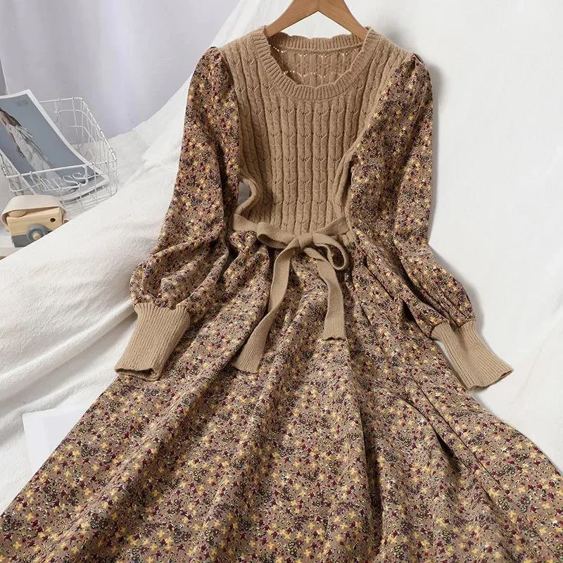 Autumn and Winter Women's Dress Stitching Knitted Long dress A-line Corduroy Floral Dress Tunics Fall fleece Autumn and Winter Women's Dress Stitching Knitted Long dress A-line Corduroy Floral Dress Tunics Fall fleece