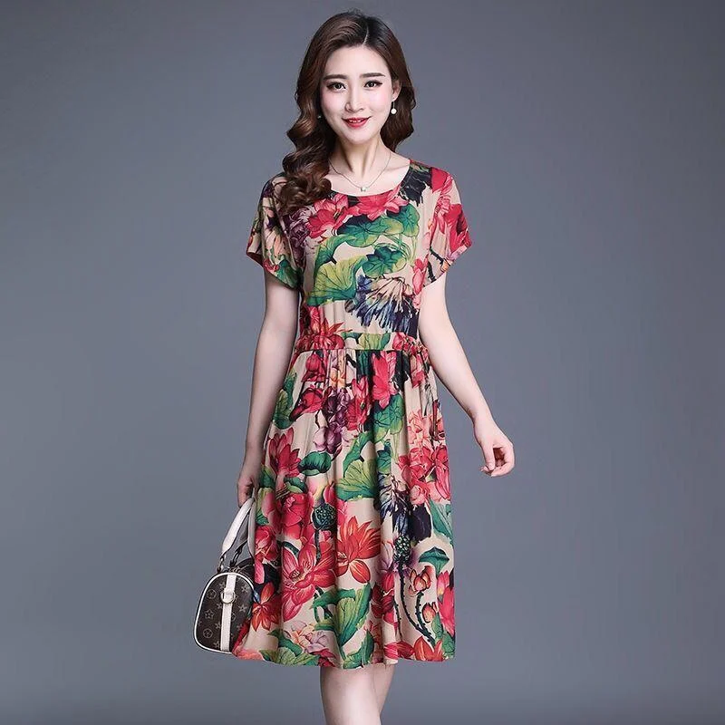 Women's Floral Floral Dress Slim and Thin Mid-length Round Neck Short Sleeve Waist Fabric Lightweight and Breathable A-line Dress Tunics Essential wardrobe Women's Floral Floral Dress Slim and Thin Mid-length Round Neck Short Sleeve Waist Fabric Lightweight and Breathable A-line Dress Tunics Essential wardrobe