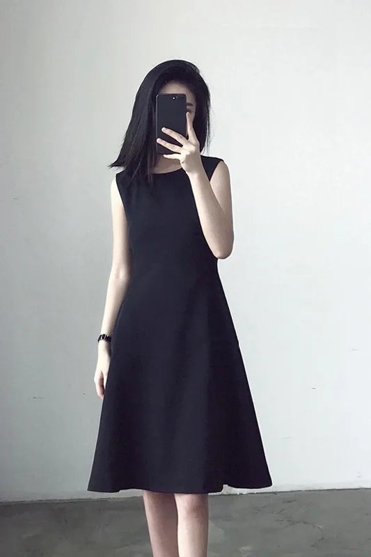 Black sleeveless, slim high-waist a-line dress 190209# Tunics Sophisticated sleek