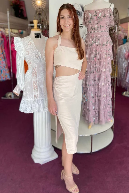 Cream Halter Cutout Party Dress with Slit Tunics Trousers formal