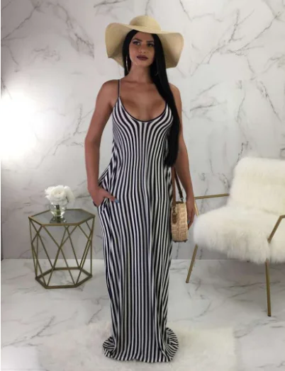 Loose long striped women's dress with suspenders Tunics Versatile functional