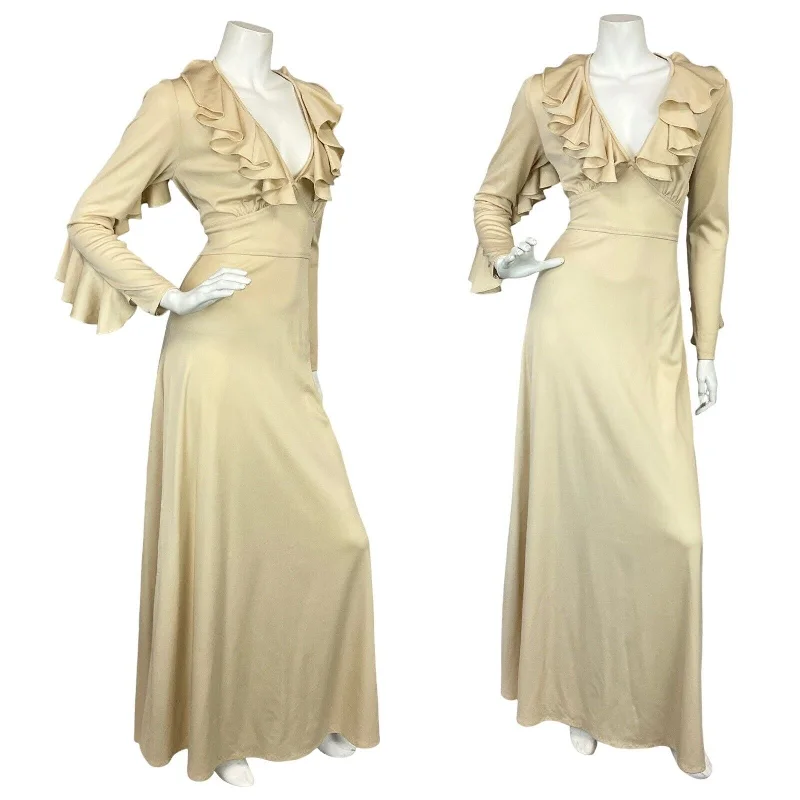VTG 70S RUFFLE BOHO BEIGE BRIDAL PLUNGING NECKLINE FLOATY MAXI PARTY DRESS 8 Tunics Custom made VTG 70S RUFFLE BOHO BEIGE BRIDAL PLUNGING NECKLINE FLOATY MAXI PARTY DRESS 8 Tunics Custom made