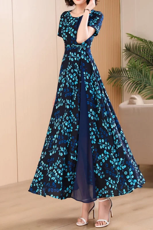 Blue flower printed maxi prom chiffon dress 5056 Tunics Fleece cozy