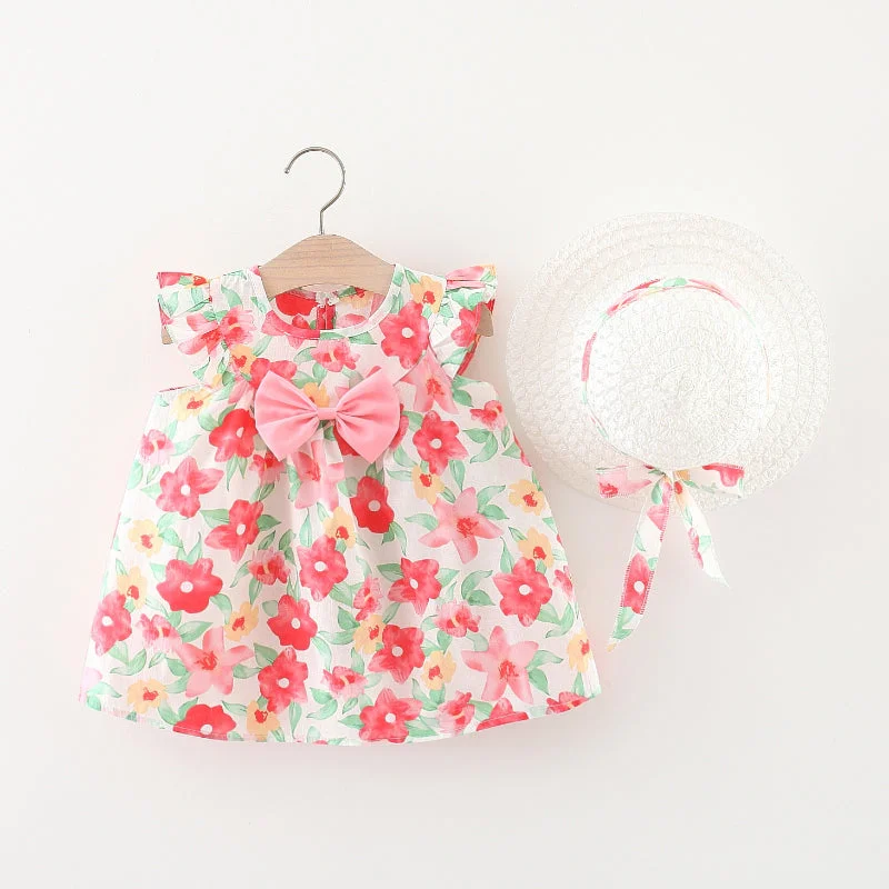 Baby Girl Cute Bow Print Flying Sleeve Dress Tunics Lace romantic