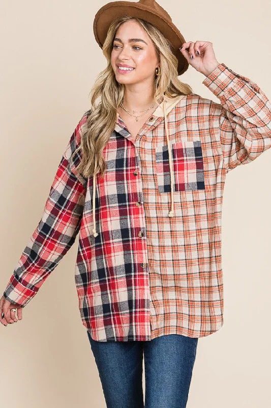 PLUS SIZE PLAID MIX BUTTON DOWN HOODIE Hoodie with Rolled Sleeves Casual Relaxed