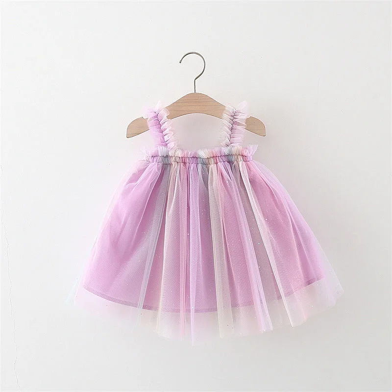 Baby Girl New Sling Mesh Rainbow Dress Elegant Long Evening