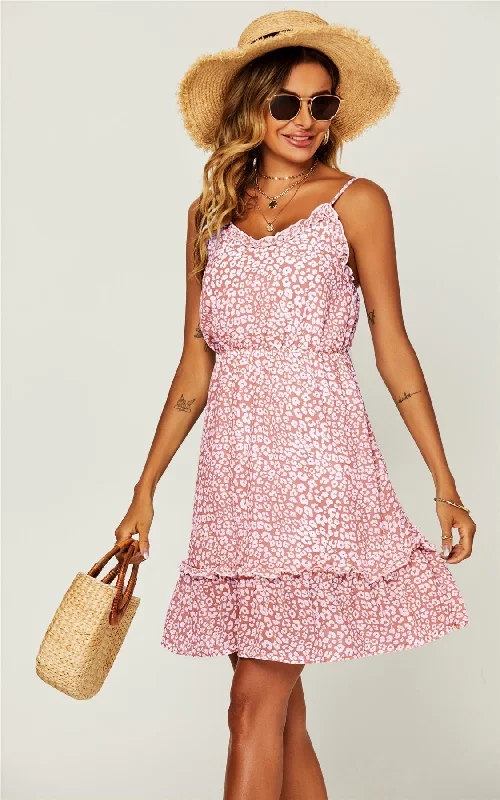 FS Collection Leopard Frill Hem Pink Mini Dress Modern Satin Mini Dress