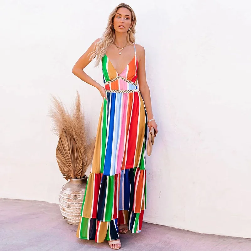 BerriesJam - Colorful Striped Print Casual V-Neck Spliced Sexy Party Dress Tunics Plaid country
