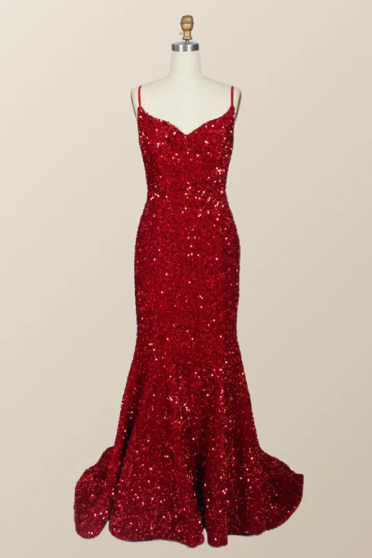 Straps Red Sequin Mermaid Long Party Dress Tunics Denim casual