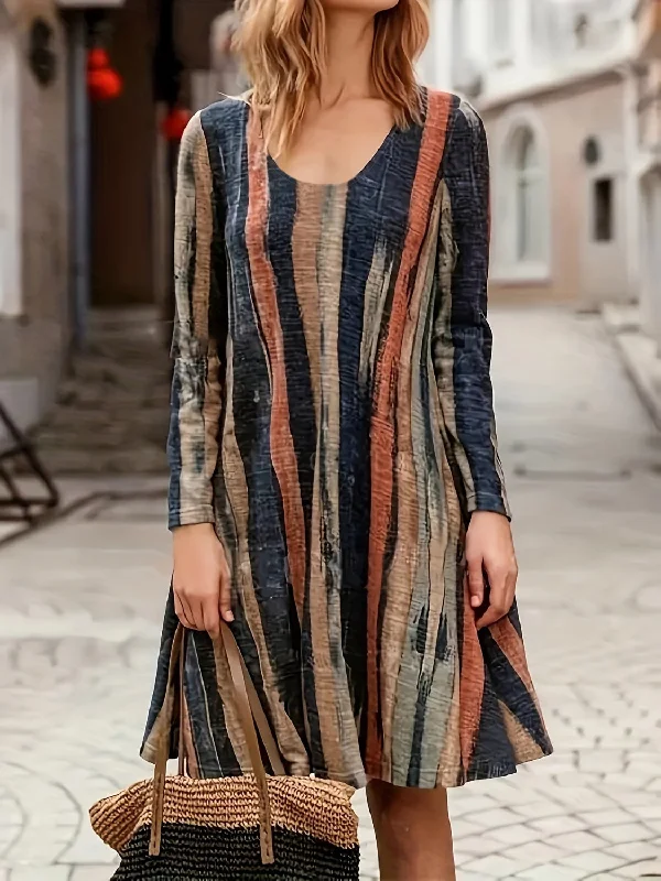 Full Size Contrast Stripes Long Sleeve Mini Dress Comfortable Smocked Mini Dress
