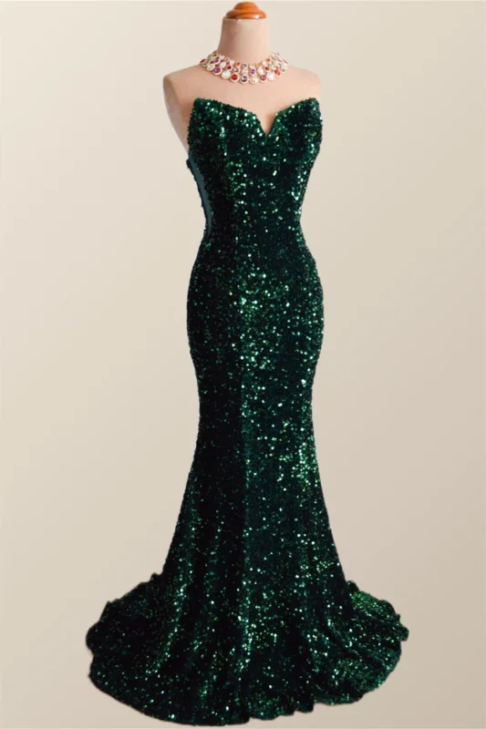 Strapless Dark Green Velvet Sequin Mermaid Party Dress Tunics Satin smooth