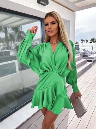Surplice Ruffle Hem Lantern Sleeve Mini Dress Comfortable Linen Mini Dress
