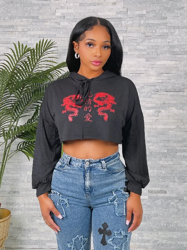 T231S-1032P - TWIN DRAGON CROP HOODIE Hoodie with Exposed Zipper Edgy Industrial