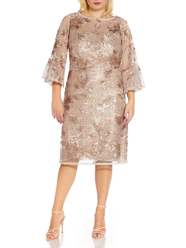 Plus Womens Embroidered Midi Cocktail and Party Dress Bodycon Fitted Nightout