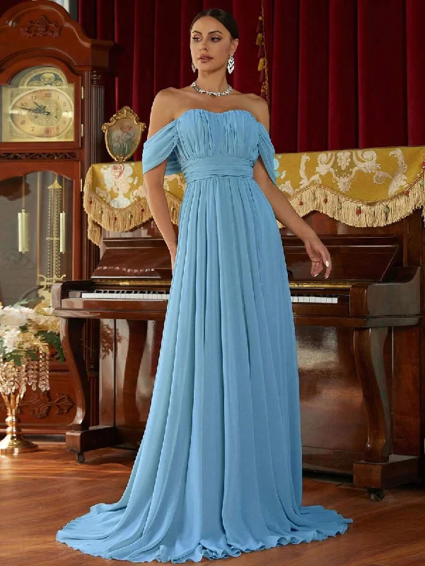 Sky Blue Off-Shoulder Chiffon A Line Party Dress Boatneck Modish Everyday