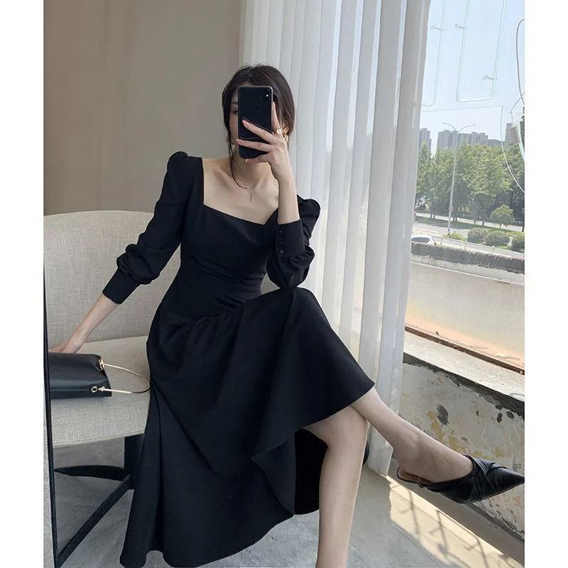 Black Dress Women's Long-sleeved French Retro Hepburn Style Square-neck Long Dress Gentle and Elegant Waist Slimming Square-neck Dress Tunics Running lightweight Black Dress Women's Long-sleeved French Retro Hepburn Style Square-neck Long Dress Gentle and Elegant Waist Slimming Square-neck Dress Tunics Running lightweight