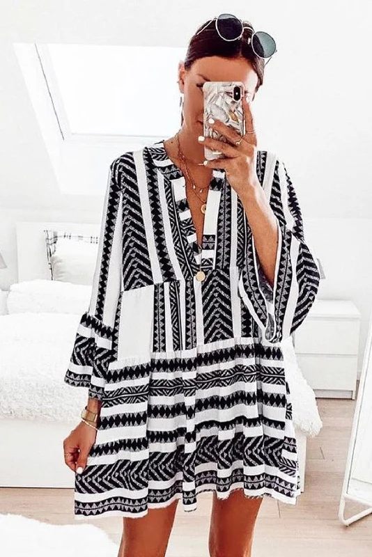 Geometric Print V neck Ruffle Babydoll Mini Dress Elegant Velvet Mini Dress