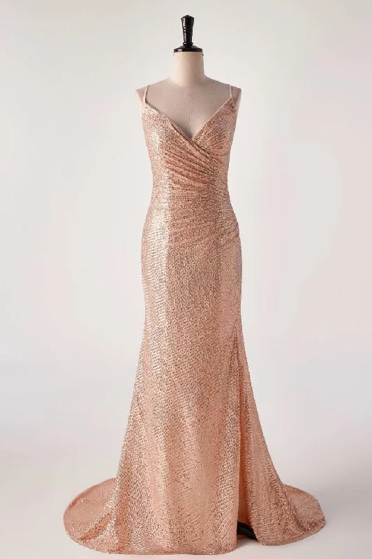Champagne Sequin Pleated Mermaid Long Party Dress Tunics Party sparkling