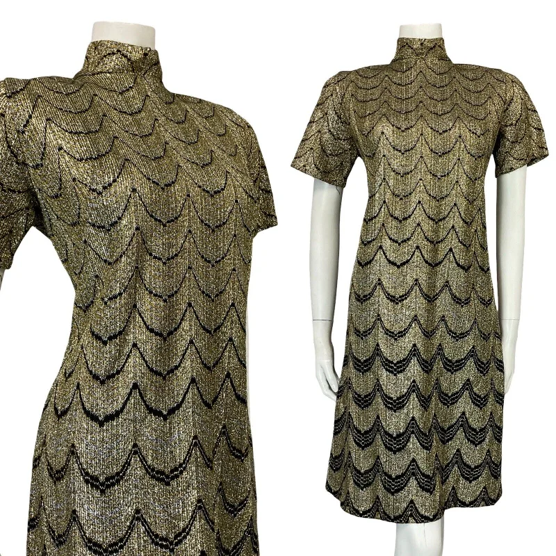 VTG 60S ART DECO MOD GOLD SILVER BLACK SCALLOP LUREX FUNNEL NECK PARTY DRESS 12 Tunics Sophisticated sleek VTG 60S ART DECO MOD GOLD SILVER BLACK SCALLOP LUREX FUNNEL NECK PARTY DRESS 12 Tunics Sophisticated sleek