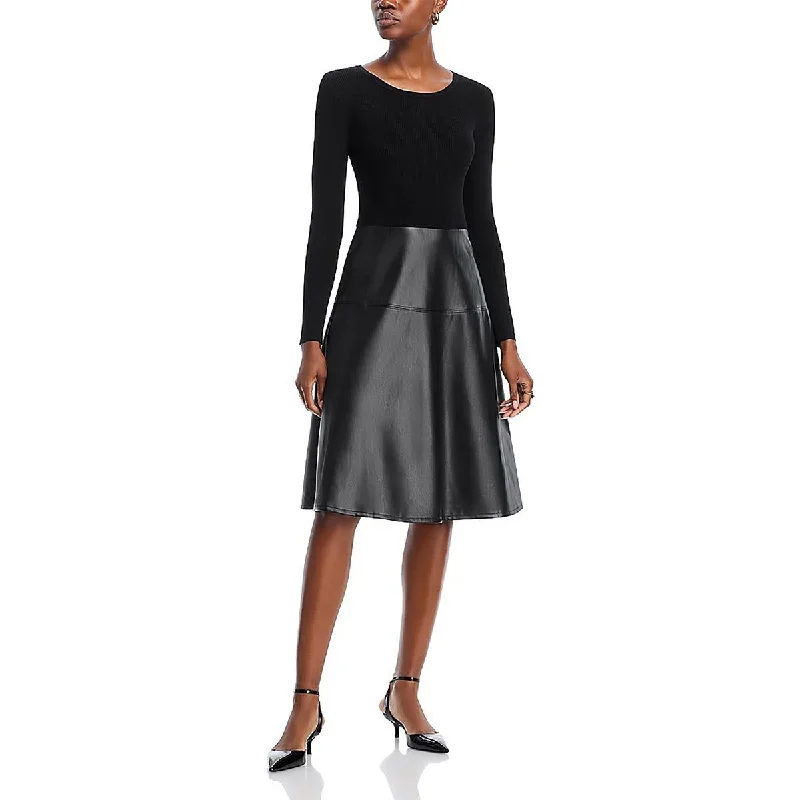 Womens Mixed Media Faux Leather Fit & Flare Dress Tunics Distressed trendy