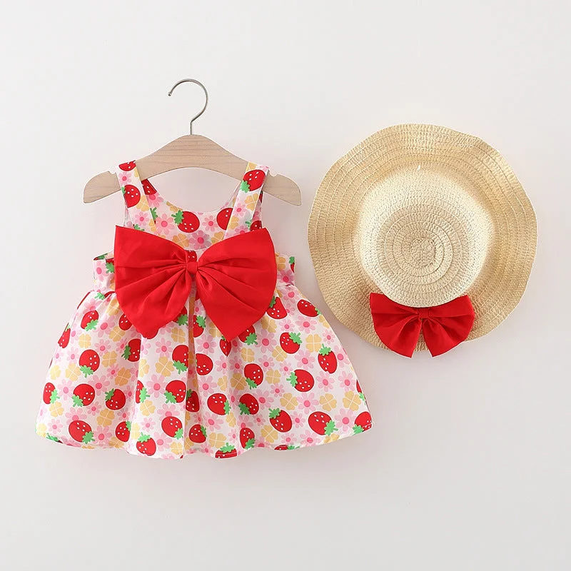 Baby Girl Strawberry Print Bow Suspender Dress Tunic Top Casual