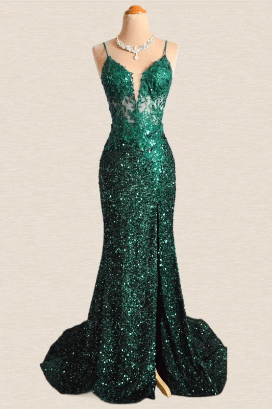 Emerald Green Sequin Mermaid Long Party Dress Tunics stripes playful