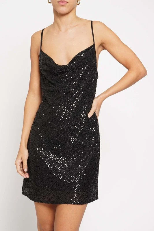 Sequin Draped Neck Mini Dress Comfortable Smocked Mini Dress