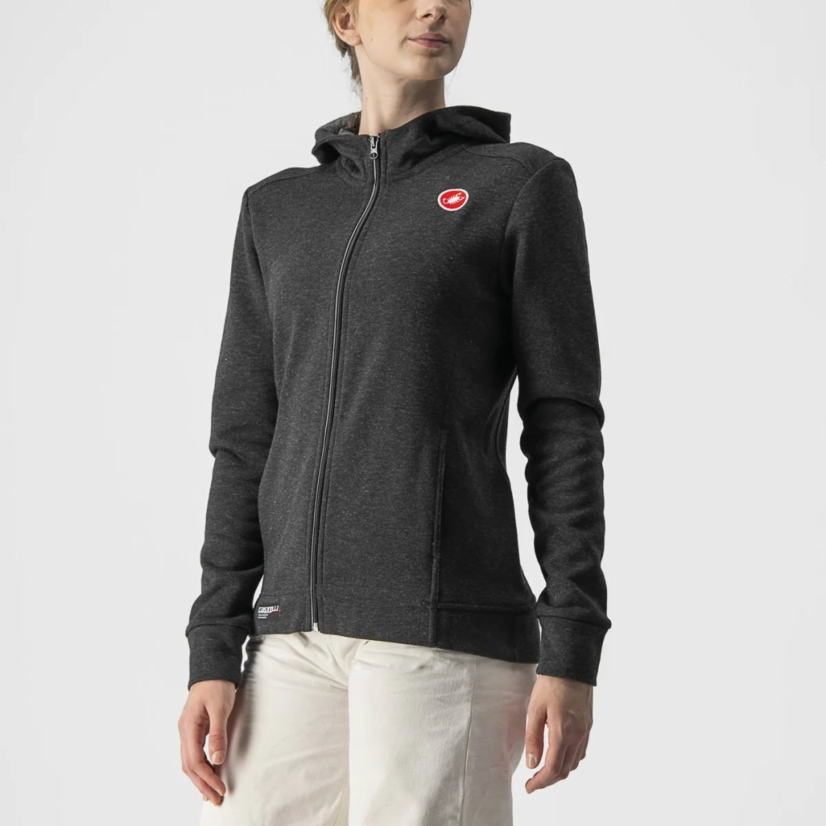 Castelli MILANO FULL ZIP FLEECE Women's Hoodie : LIGHT BLACK Hoodie with Set-In Sleeves Structured Classic Castelli MILANO FULL ZIP FLEECE Women's Hoodie : LIGHT BLACK Hoodie with Set-In Sleeves Structured Classic
