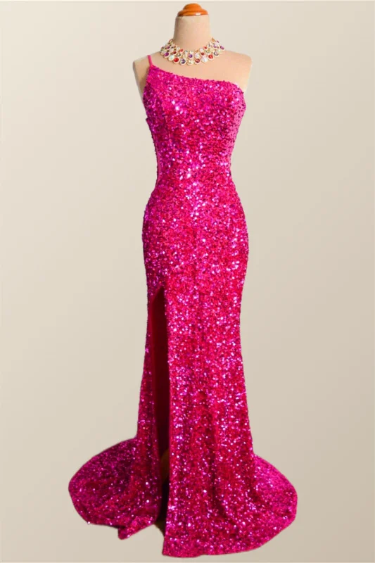 One Shoulder Fuchsia Sequin Mermaid Long Party Dress Tunics Plaid country