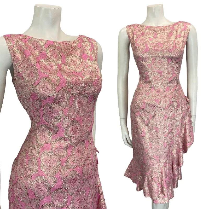 VTG 60S 70S PINK GOLD ASYMMETRIC RUFFLE HEM BOAT NECK BOW MIDI PARTY DRESS 12 14 sweetheart Neckline Romantic VTG 60S 70S PINK GOLD ASYMMETRIC RUFFLE HEM BOAT NECK BOW MIDI PARTY DRESS 12 14 sweetheart Neckline Romantic