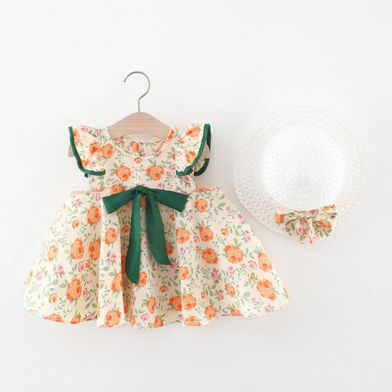 Baby Girl Dress Bow-knotted Floral Dress with Flying Sleeves Tunics Denim casual