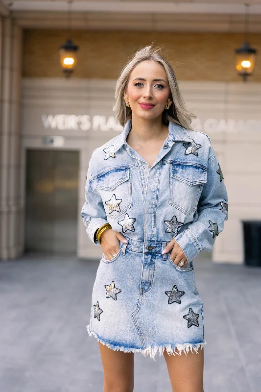 Raelynn Denim Mini Dress - Denim Fashionable Off-Shoulder Mini Dress