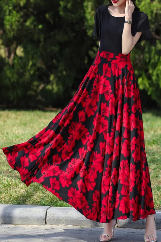 Black and red floral printed midi chiffon dress 5081 Tunics Stylish elegant