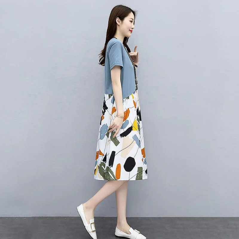 Broken Flower Loose Dress Women Loose Cover Belly Slimming Casual A-line Skirt Women Round Neck Short Sleeve Stitching Flower Color Dress Boat Neckline Classic Broken Flower Loose Dress Women Loose Cover Belly Slimming Casual A-line Skirt Women Round Neck Short Sleeve Stitching Flower Color Dress Boat Neckline Classic