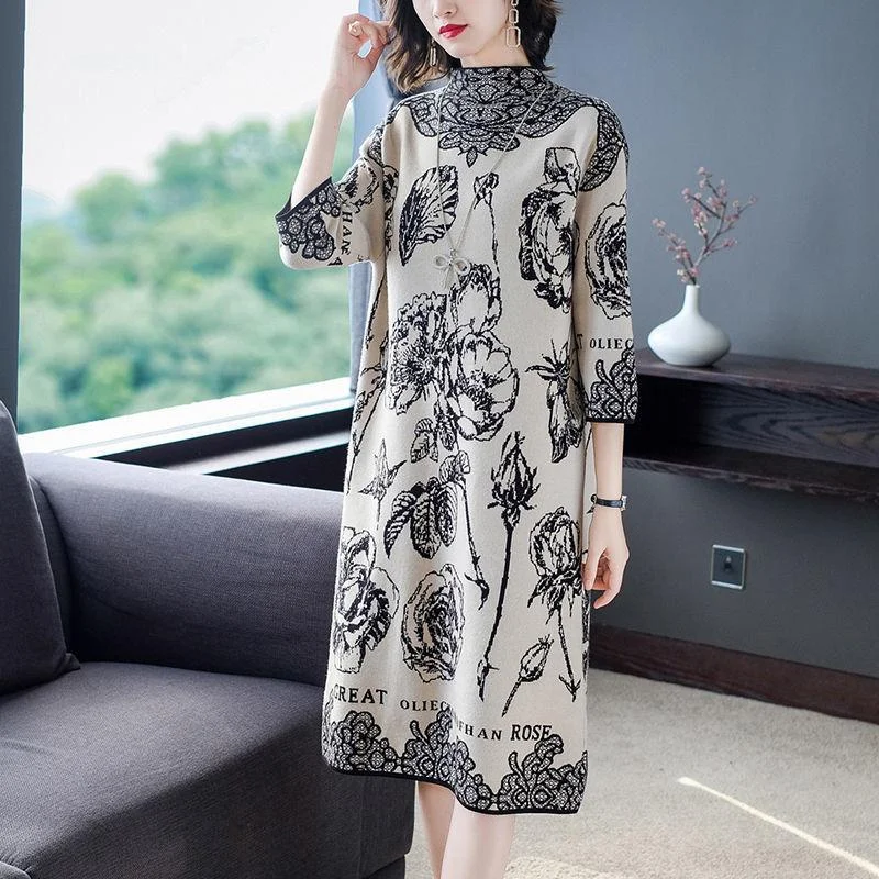 Autumn Loose Print Dress Women Mid-length Elegant Mother Wear Over The Knee Skirt Trend Tunics Essential wardrobe