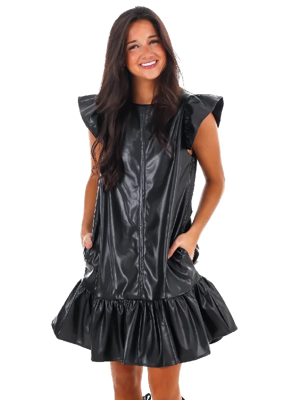 Ruffled Edge Faux Leather Mini Dress Trendy Mini Dress with Belt