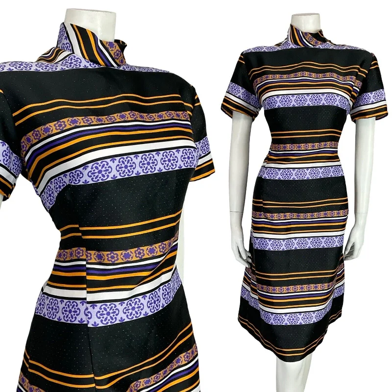 VTG 60S BLACK PURPLE YELLOW MOG GOGO FUNNEL NECK FLORAL STRIPED PARTY DRESS 16 Tunics Hiking breathable