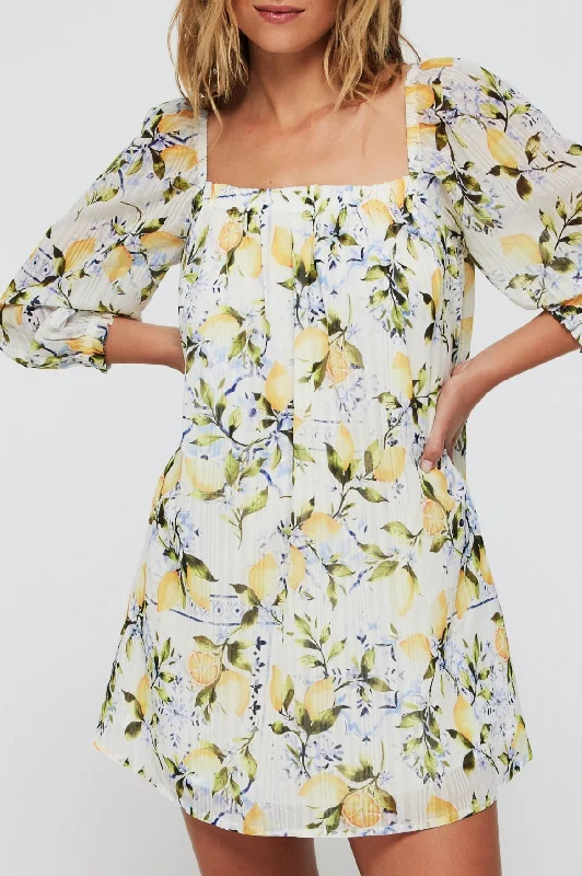 Lina Long Sleeve Cover Up Mini Dress in Lemons Chic Tropical Mini Dress