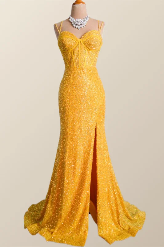 Yellow Sequin Corset Mermaid Long Party Dress Tunics Mesh breathable