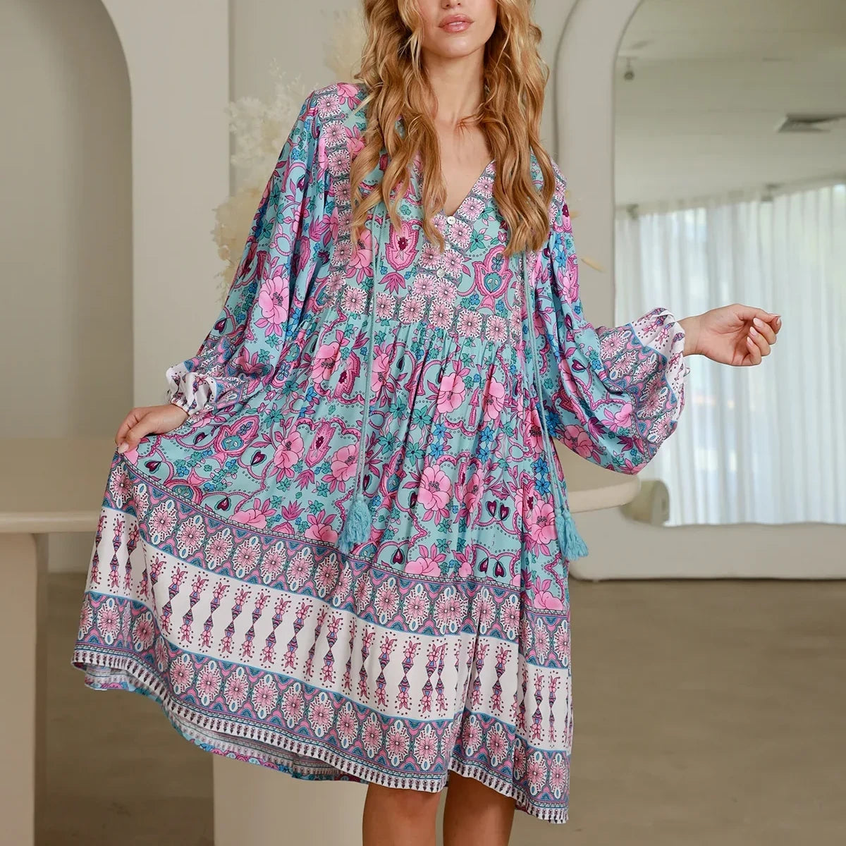 Elena Long Sleeved Mini Dress by Dreamcatcher Casual Button-Up Mini Dress