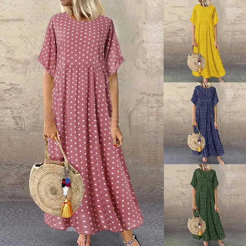 Four Colors Women Round Neck Short Sleeve Polka Dot Dress Casual Summer Long Dresses Lady Dresses Tunics stripes playful Four Colors Women Round Neck Short Sleeve Polka Dot Dress Casual Summer Long Dresses Lady Dresses Tunics stripes playful