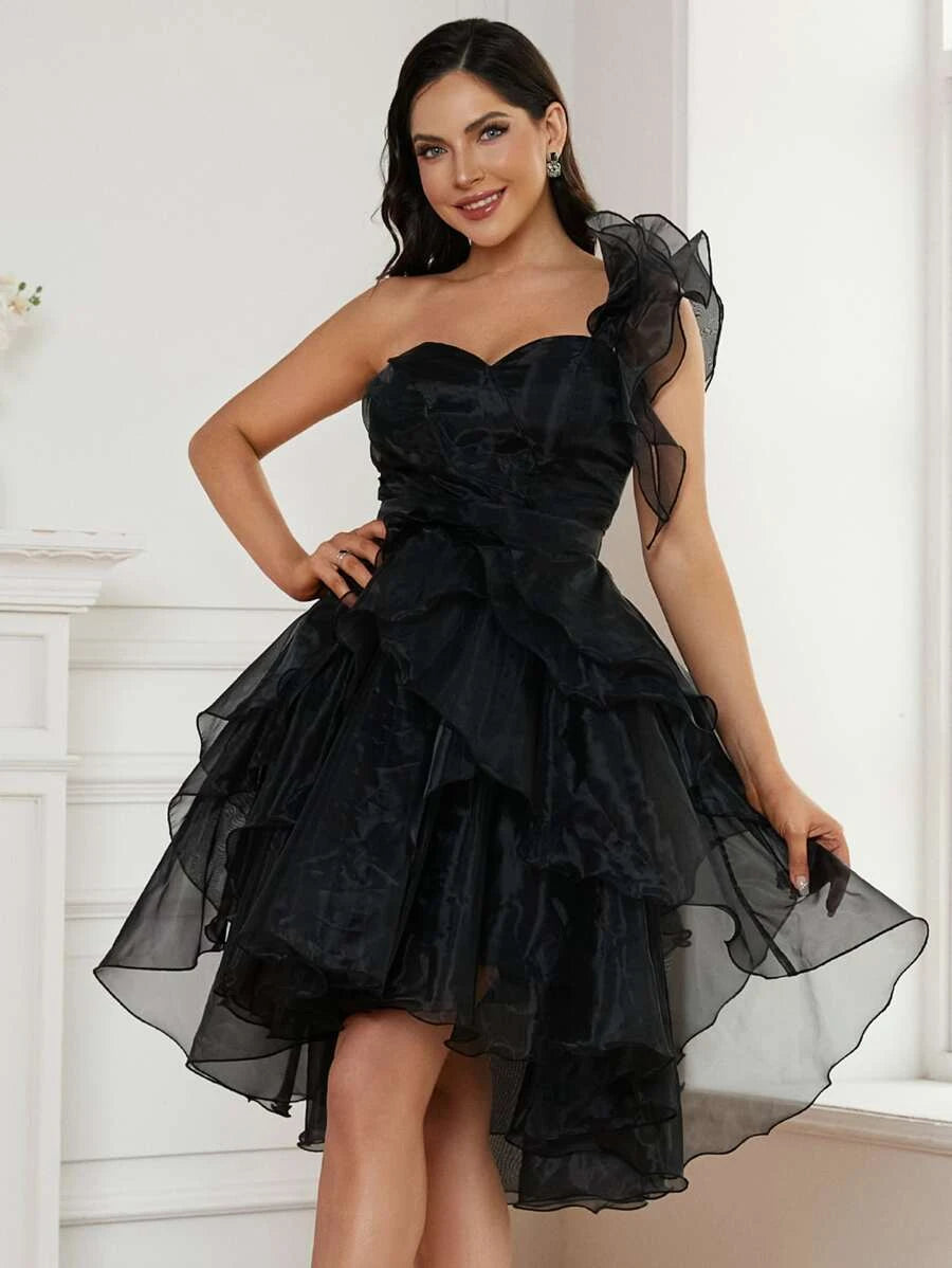One-Shoulder Tulle Black Ruffles Short Mini Party Dress Cowl Neckline Elegant